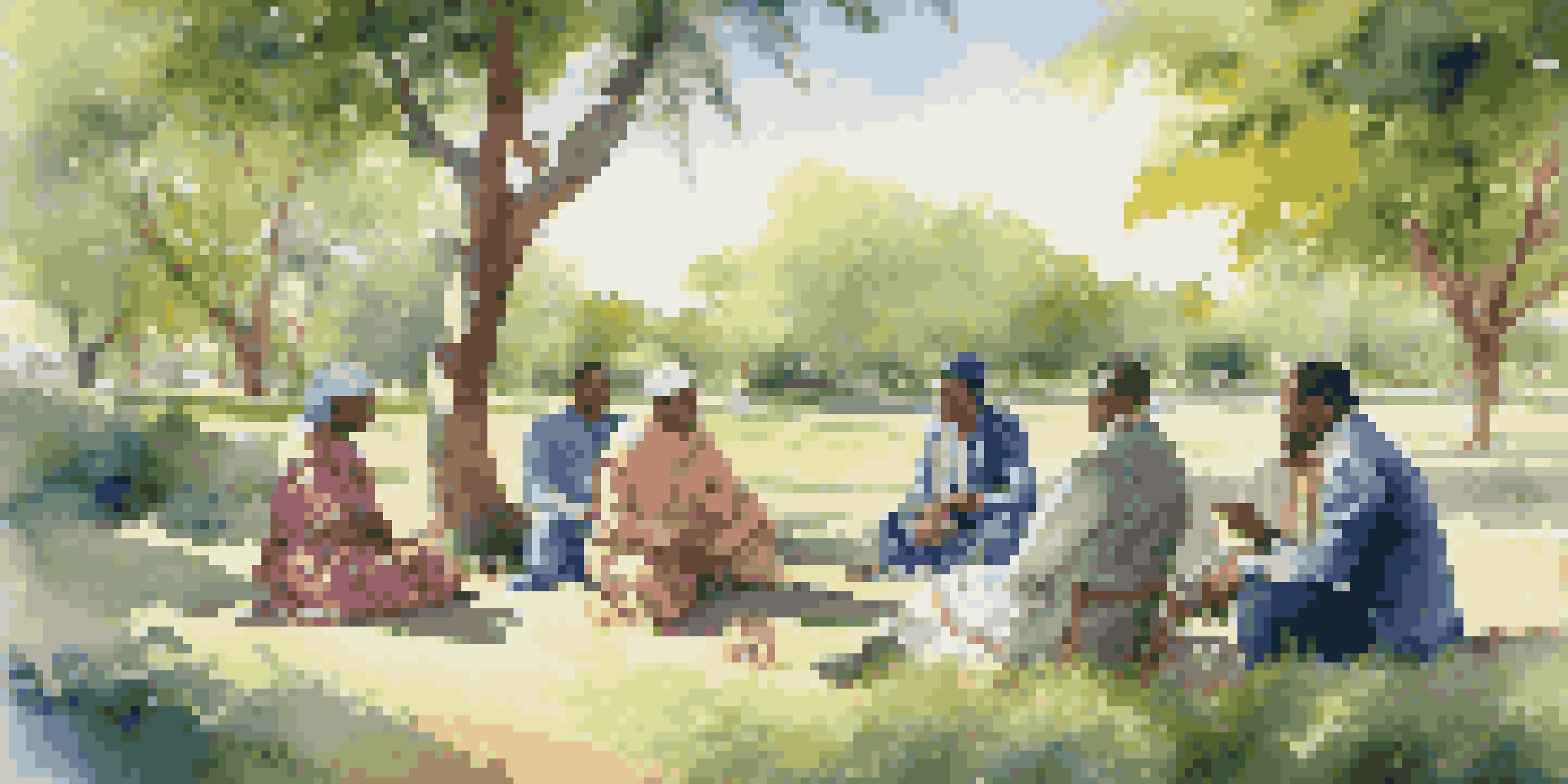 A group of diverse investors in traditional attire discussing strategies in a beautiful outdoor setting surrounded by nature.