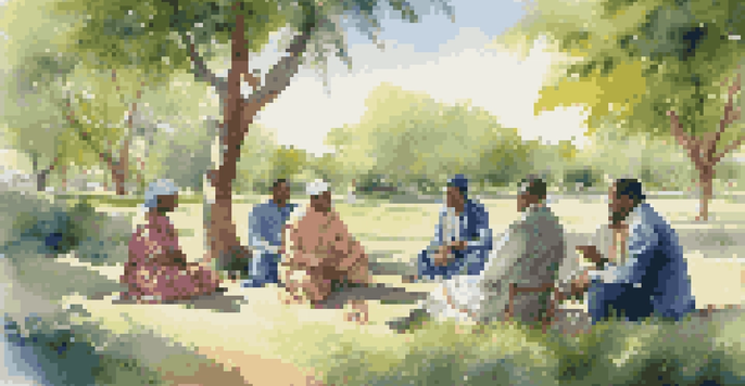 A group of diverse investors in traditional attire discussing strategies in a beautiful outdoor setting surrounded by nature.