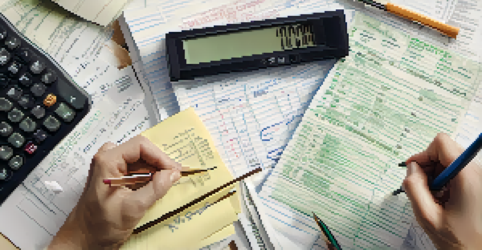 A hand writing on a notepad with receipts and a calculator in the background.