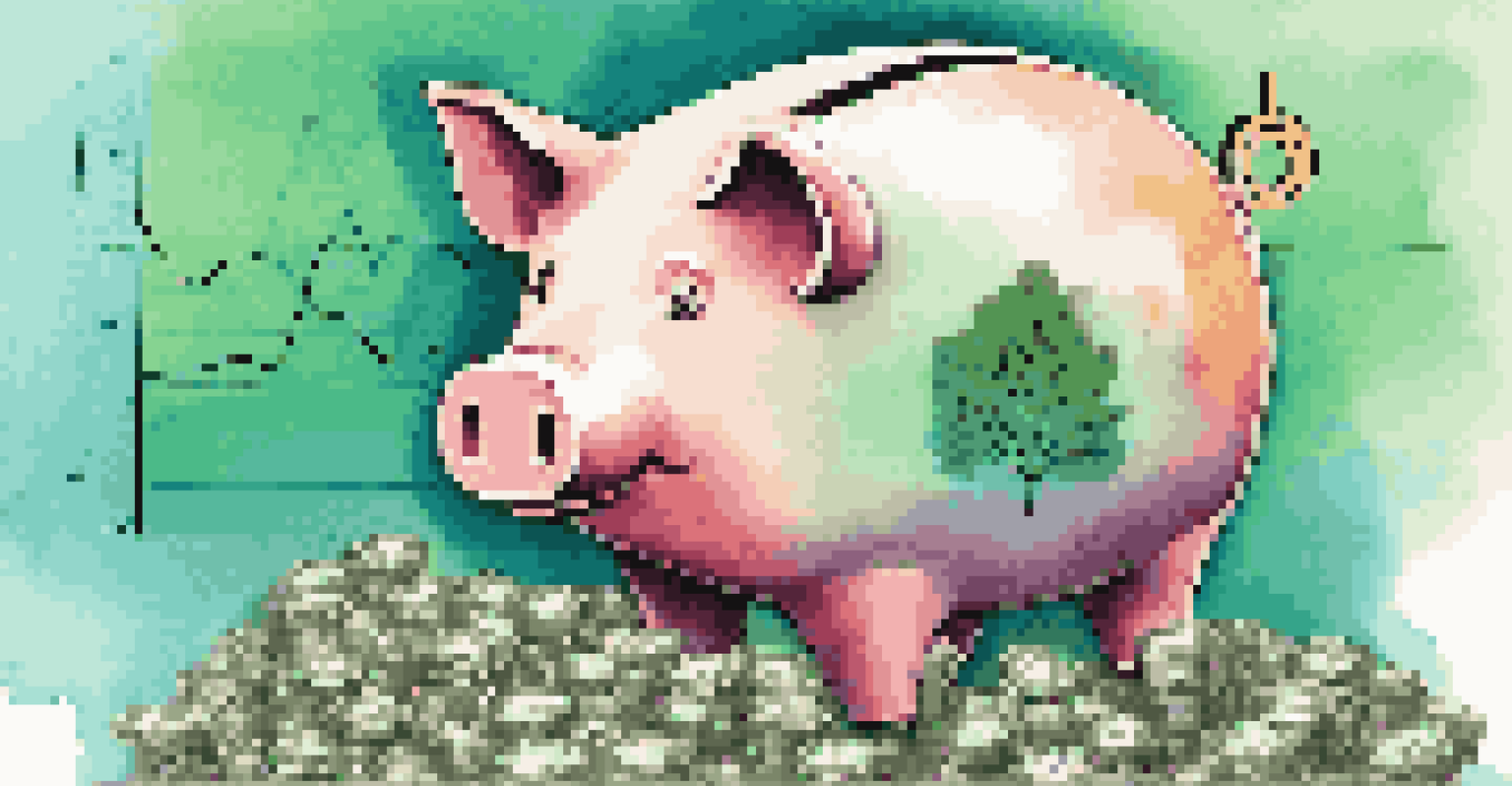 A piggy bank surrounded by financial symbols representing mutual funds, set against a blue and green gradient background.