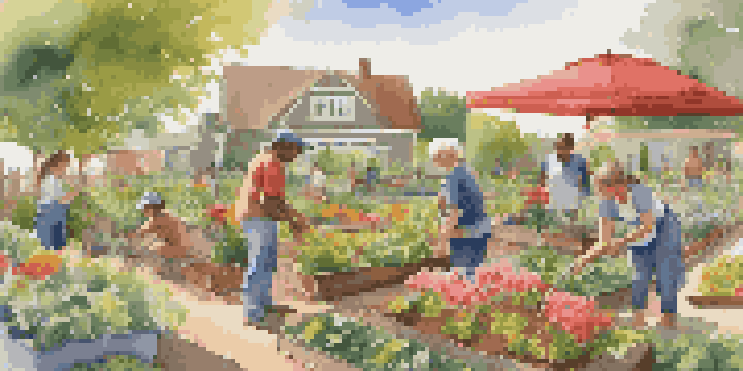 A community garden with colorful flowers and vegetables, featuring people planting and watering under warm sunlight.