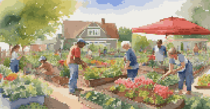 A community garden with colorful flowers and vegetables, featuring people planting and watering under warm sunlight.