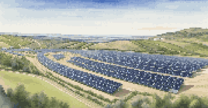 A solar farm with rows of solar panels under a blue sky, surrounded by green hills and a winding road.