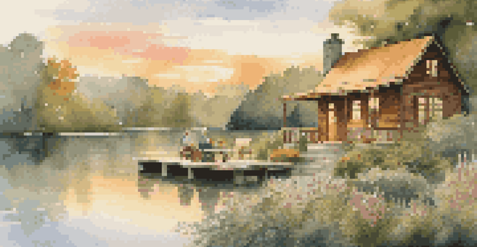 A couple enjoying tea on the porch of a wooden cabin by a lake at sunset, surrounded by greenery and flowers, representing peaceful retirement.