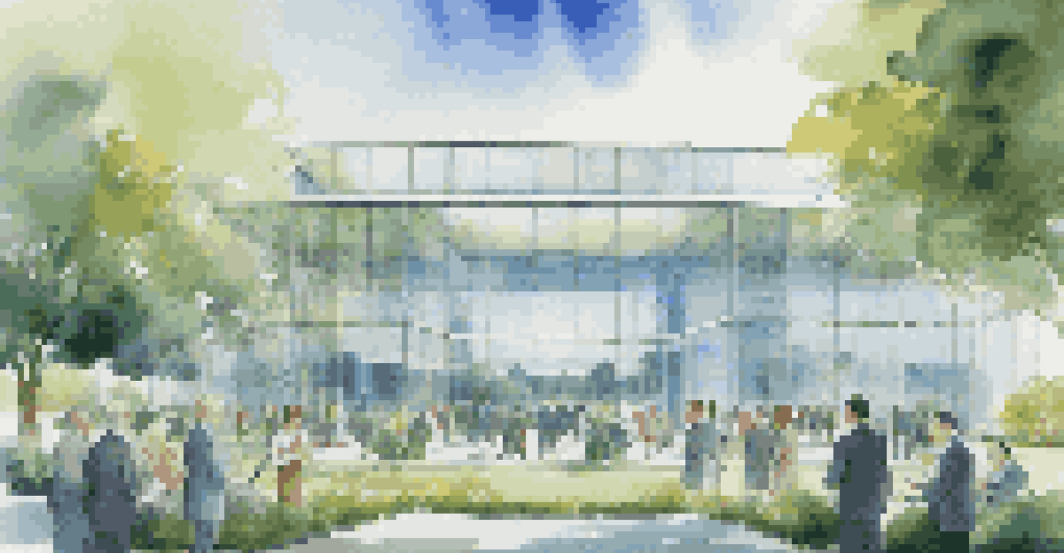 A glass building with people in professional attire discussing in front of it, surrounded by greenery.