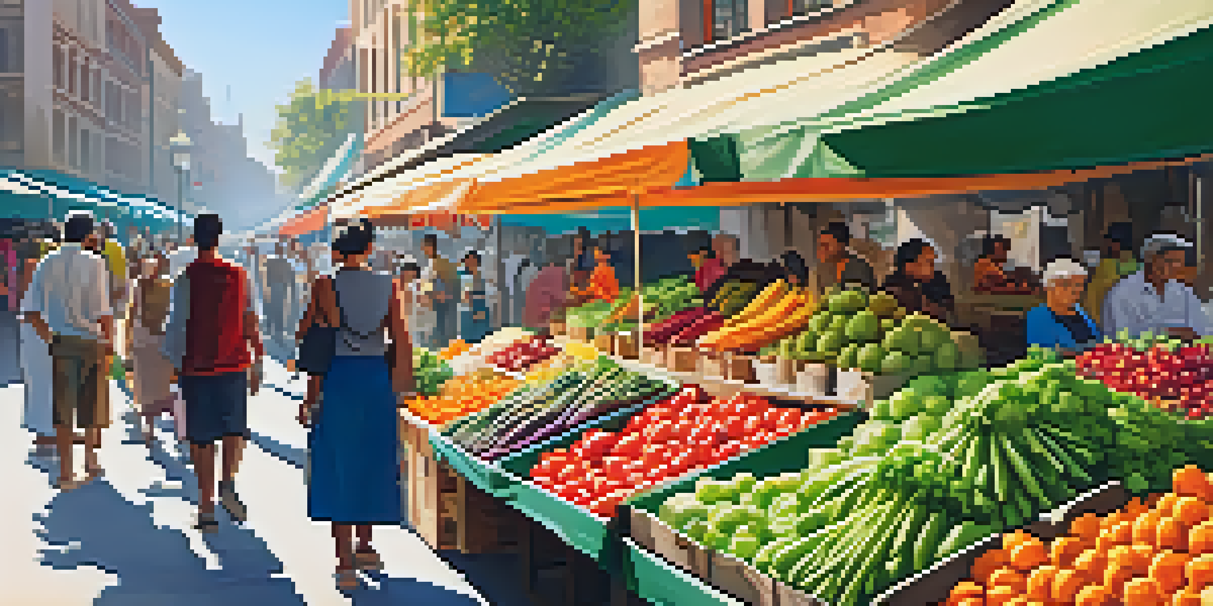 A vibrant urban market with colorful stalls filled with fresh produce, people interacting, and sunlight enhancing the scene.