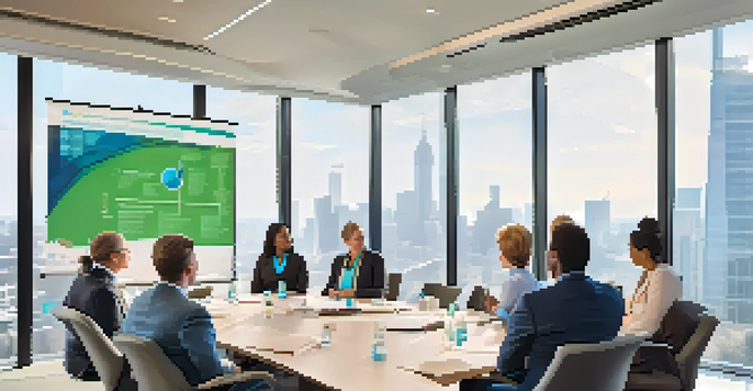 A group of diverse healthcare professionals discussing impact investing strategies in a well-lit conference room with a view of a city skyline.