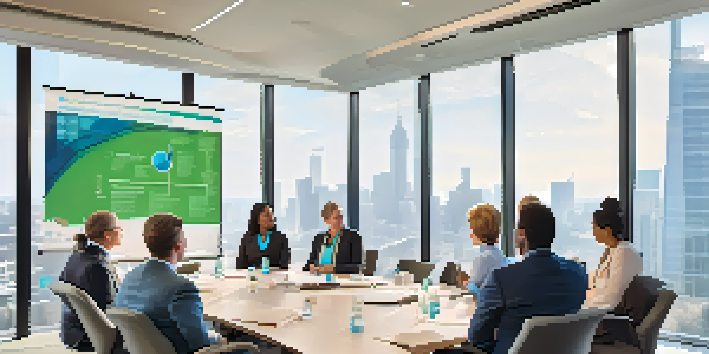 A group of diverse healthcare professionals discussing impact investing strategies in a well-lit conference room with a view of a city skyline.