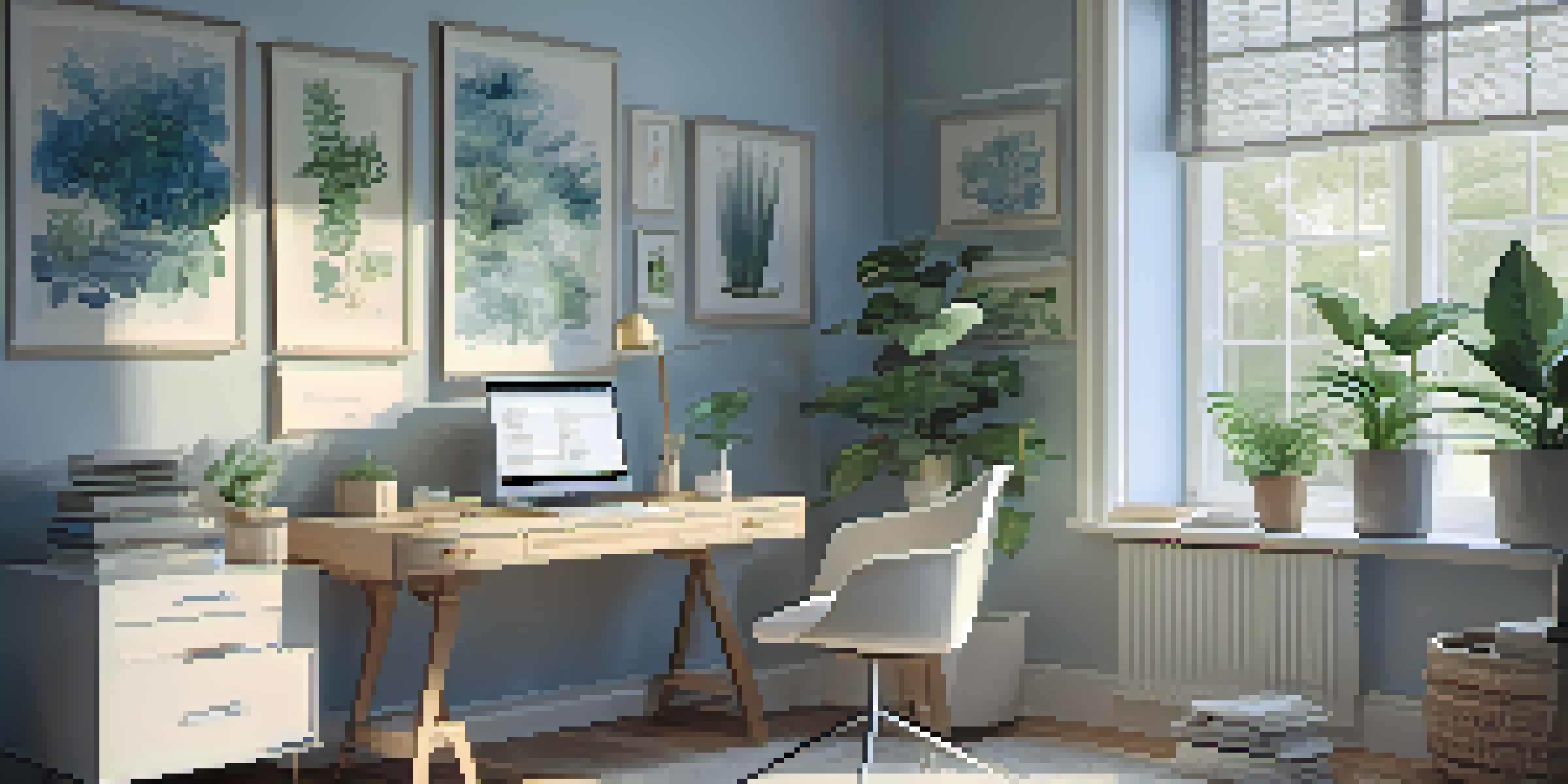 A bright and organized home office with a desk, laptop, and house plant, illuminated by natural light.
