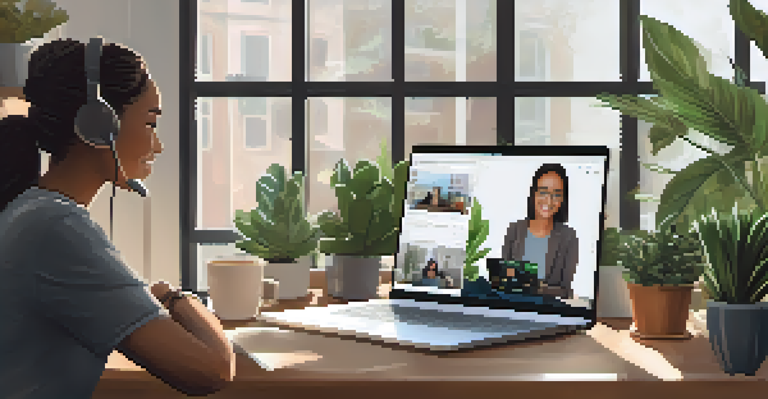 A person participating in an online networking session on their laptop, surrounded by a cozy workspace.