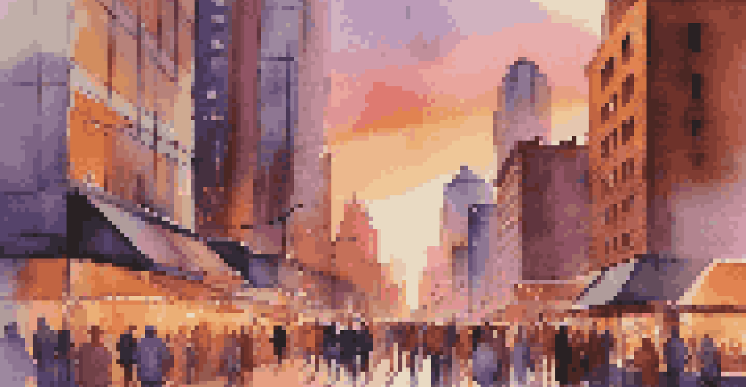 A vibrant city skyline at sunset with people walking and outdoor cafes.