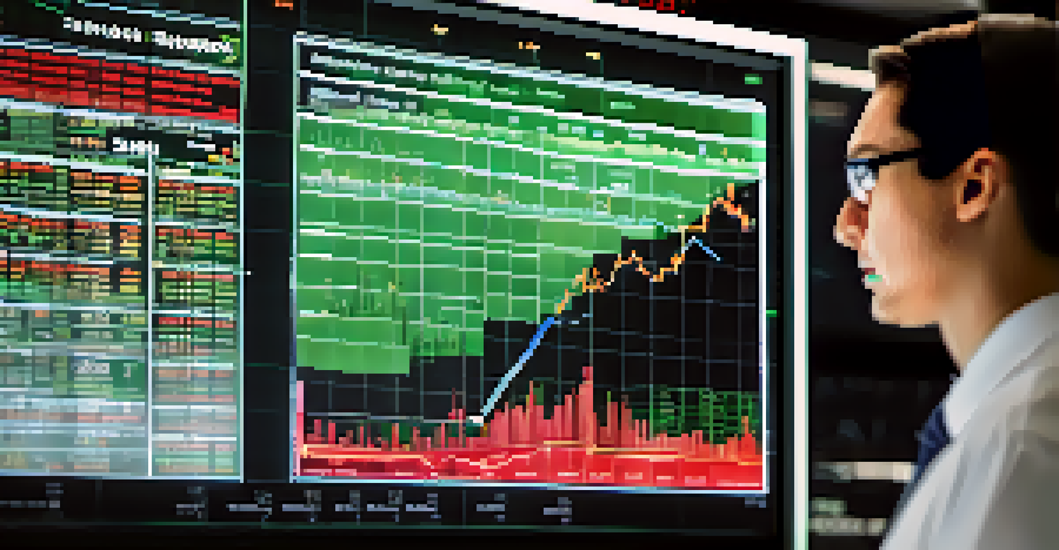 A close-up view of a stock market chart with green and red lines, showing market trends and engaged investors in the background.