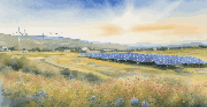 A sunny landscape with a solar farm, wildflowers in the foreground, and wind turbines in the distance.