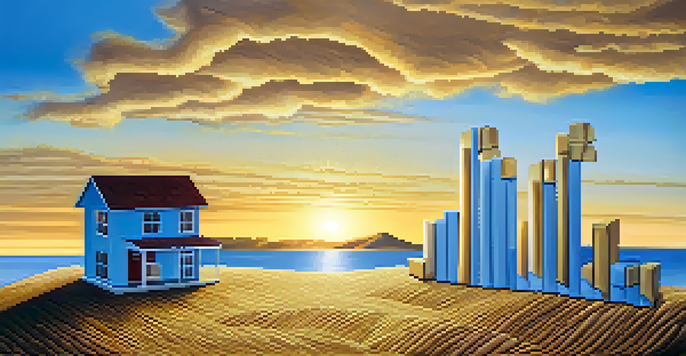A peaceful landscape showing symbols of different investment assets like a house, gold bars, and a rising graph under a clear blue sky at sunrise.