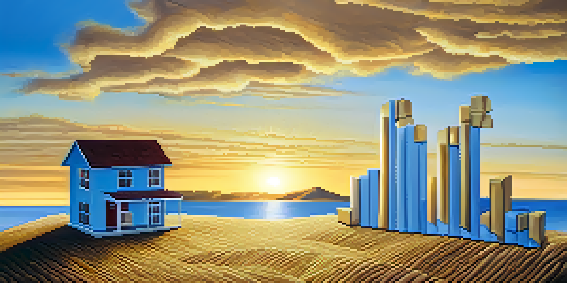 A peaceful landscape showing symbols of different investment assets like a house, gold bars, and a rising graph under a clear blue sky at sunrise.