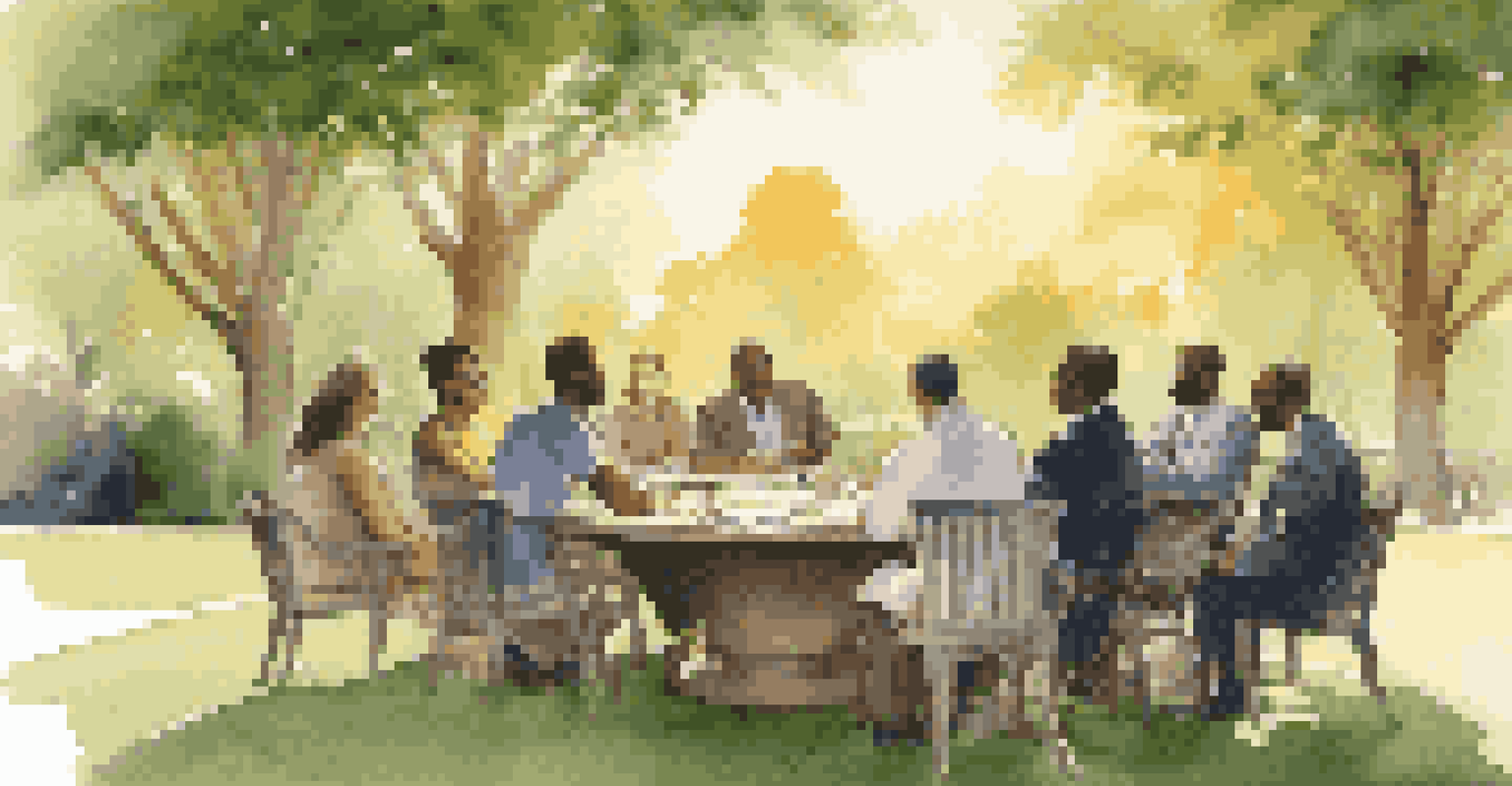 A diverse group of investors at a round table in a park, discussing investment strategies with greenery and a sunset in the background.