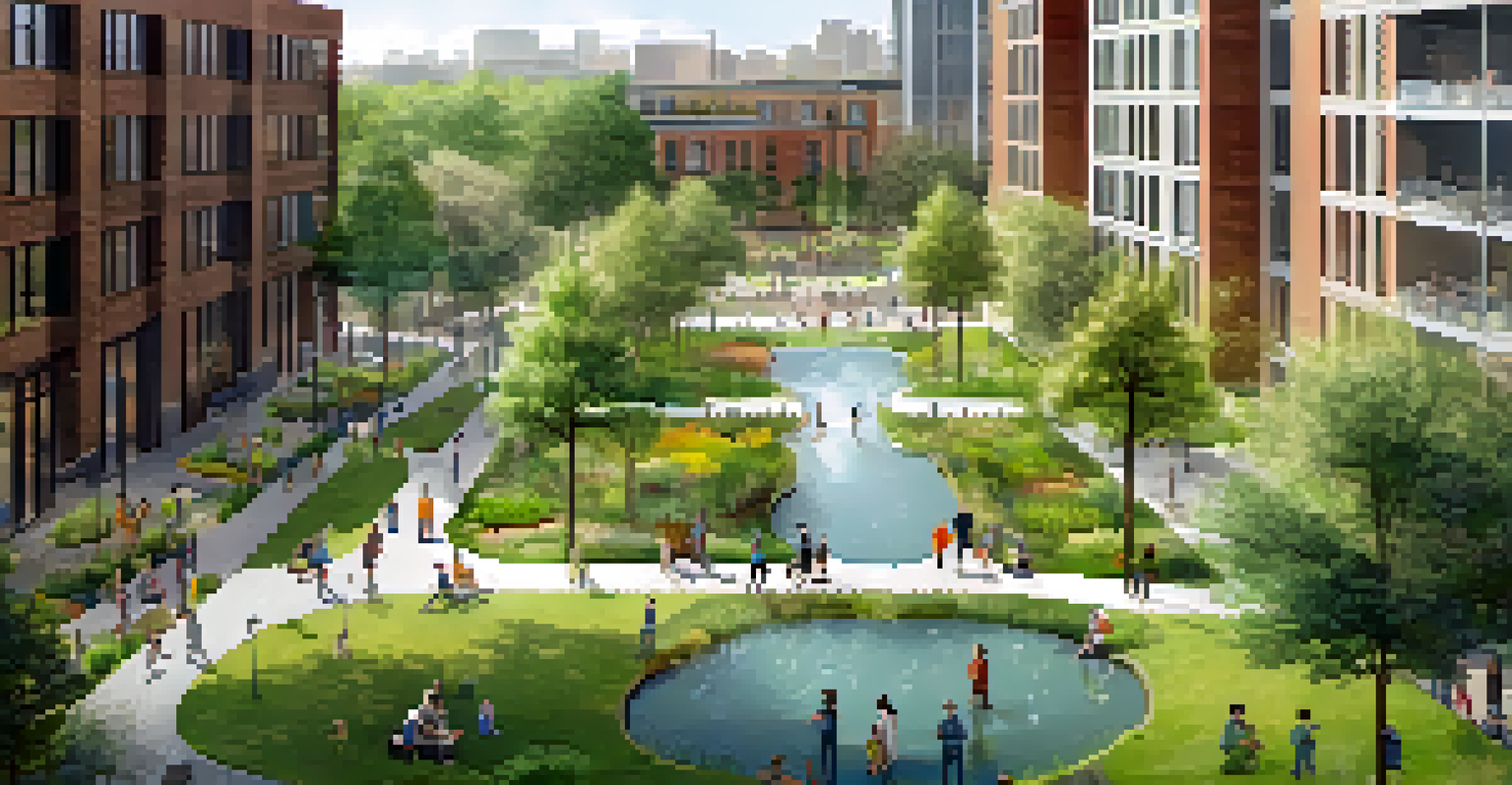 Aerial view of a green park with permeable pavements, rain gardens, and people enjoying outdoor activities.