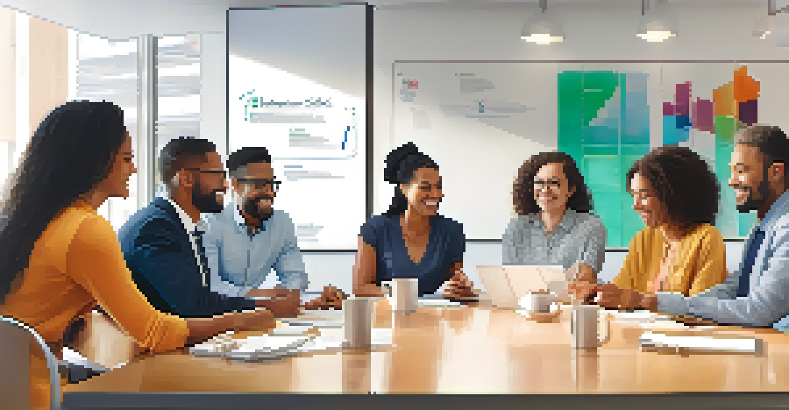 A diverse group of friends discussing financial goals around a table, with a whiteboard displaying milestones and achievements in a modern meeting room.