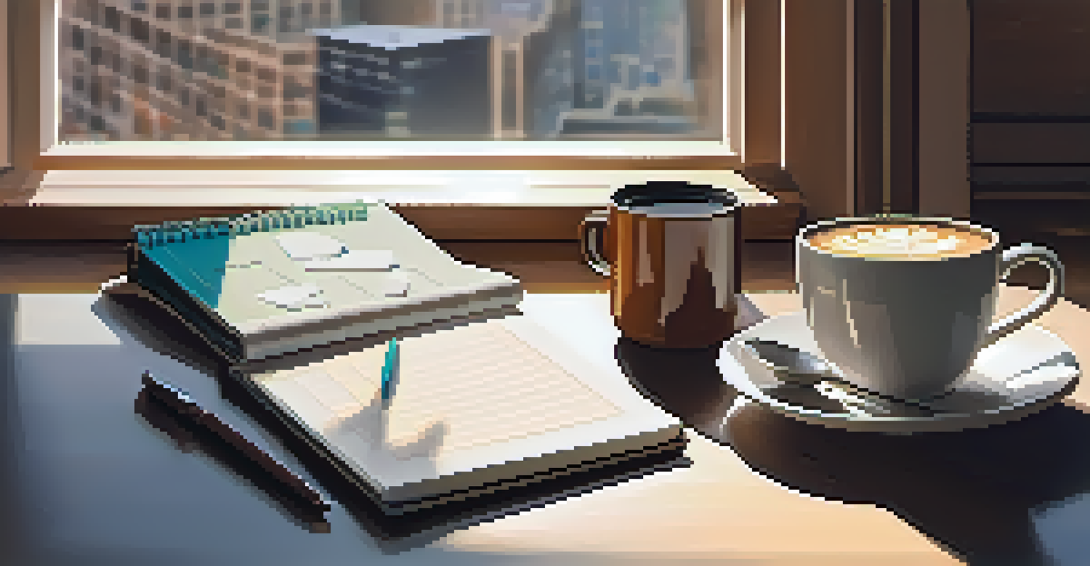 A desk with a notebook of trading strategies, a cup of coffee, and a smartphone showing stock market apps in natural light.