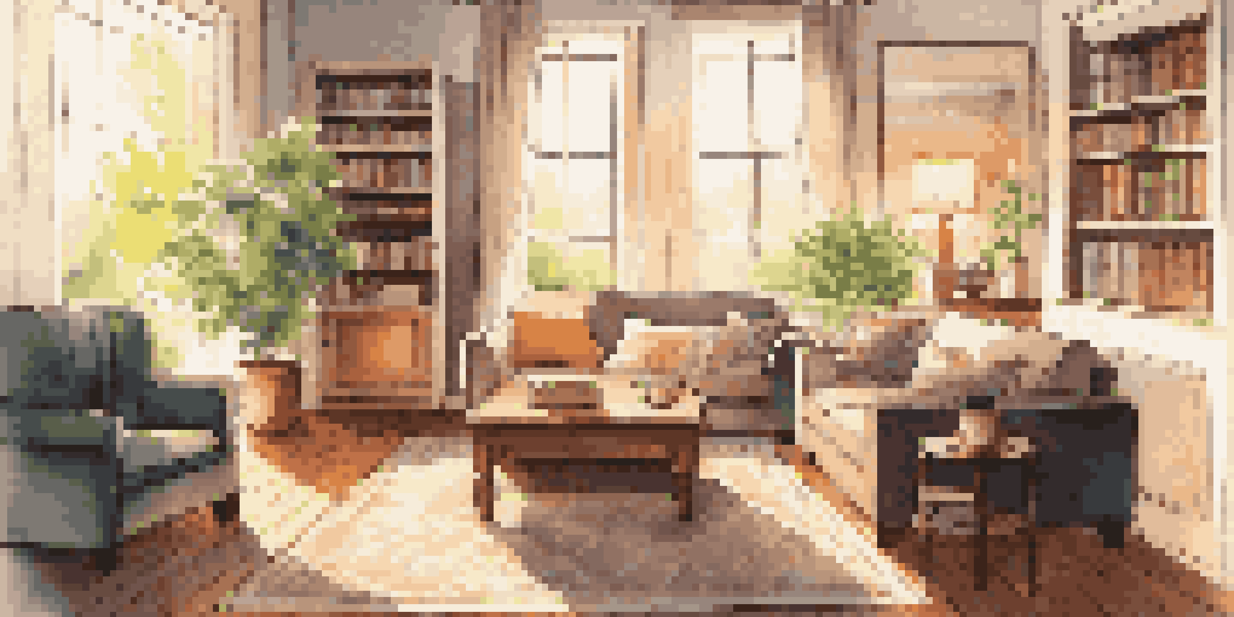A cozy living room with a sofa, financial books on a coffee table, and sunlight streaming through a window.