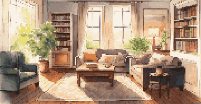 A cozy living room with a sofa, financial books on a coffee table, and sunlight streaming through a window.