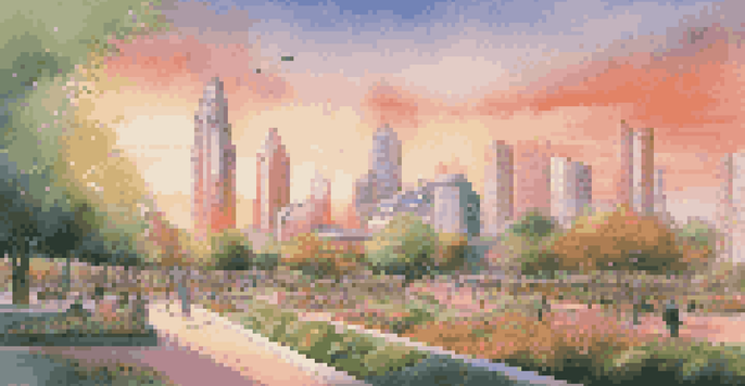 A vibrant sunset over a futuristic city with advanced architecture and green parks, depicting people enjoying outdoor activities.