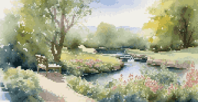 A peaceful garden with colorful flowers, a wooden bench, and a stream under a clear sky.