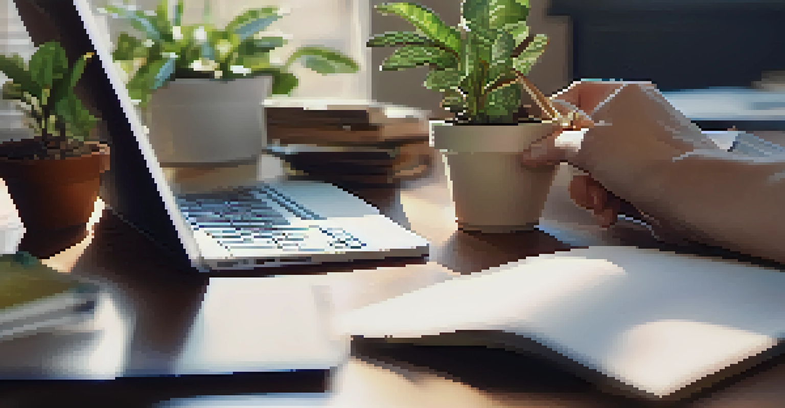Close-up of hands holding a small potted plant, representing growth and financial security, with a cozy home office setting in the background.
