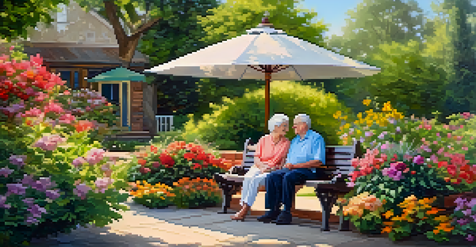 A couple sitting on a bench in a garden, enjoying a sunny afternoon together.