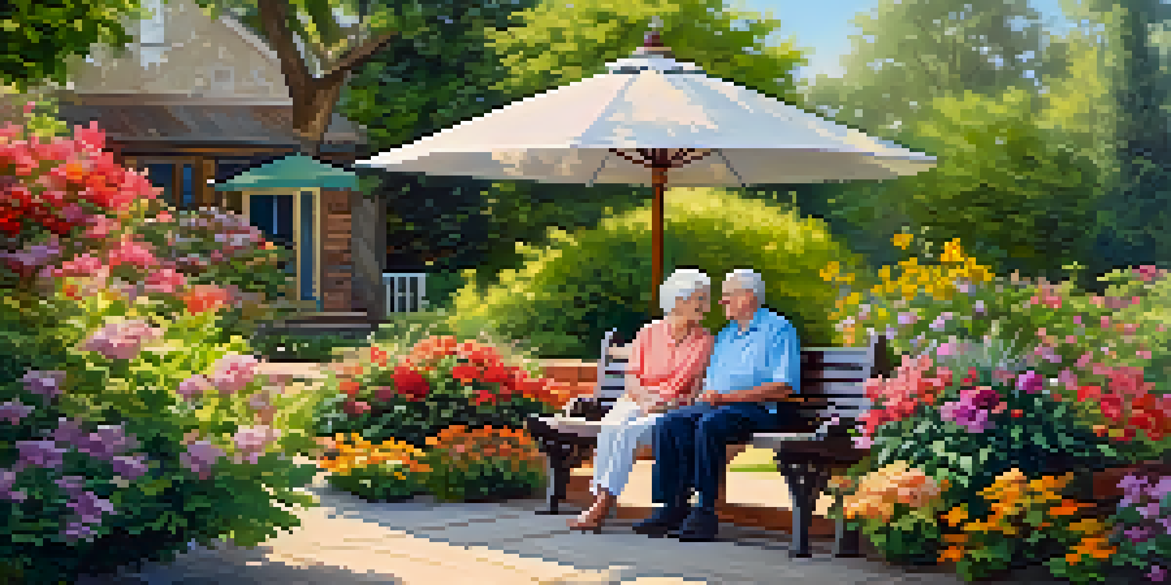 A couple sitting on a bench in a garden, enjoying a sunny afternoon together.
