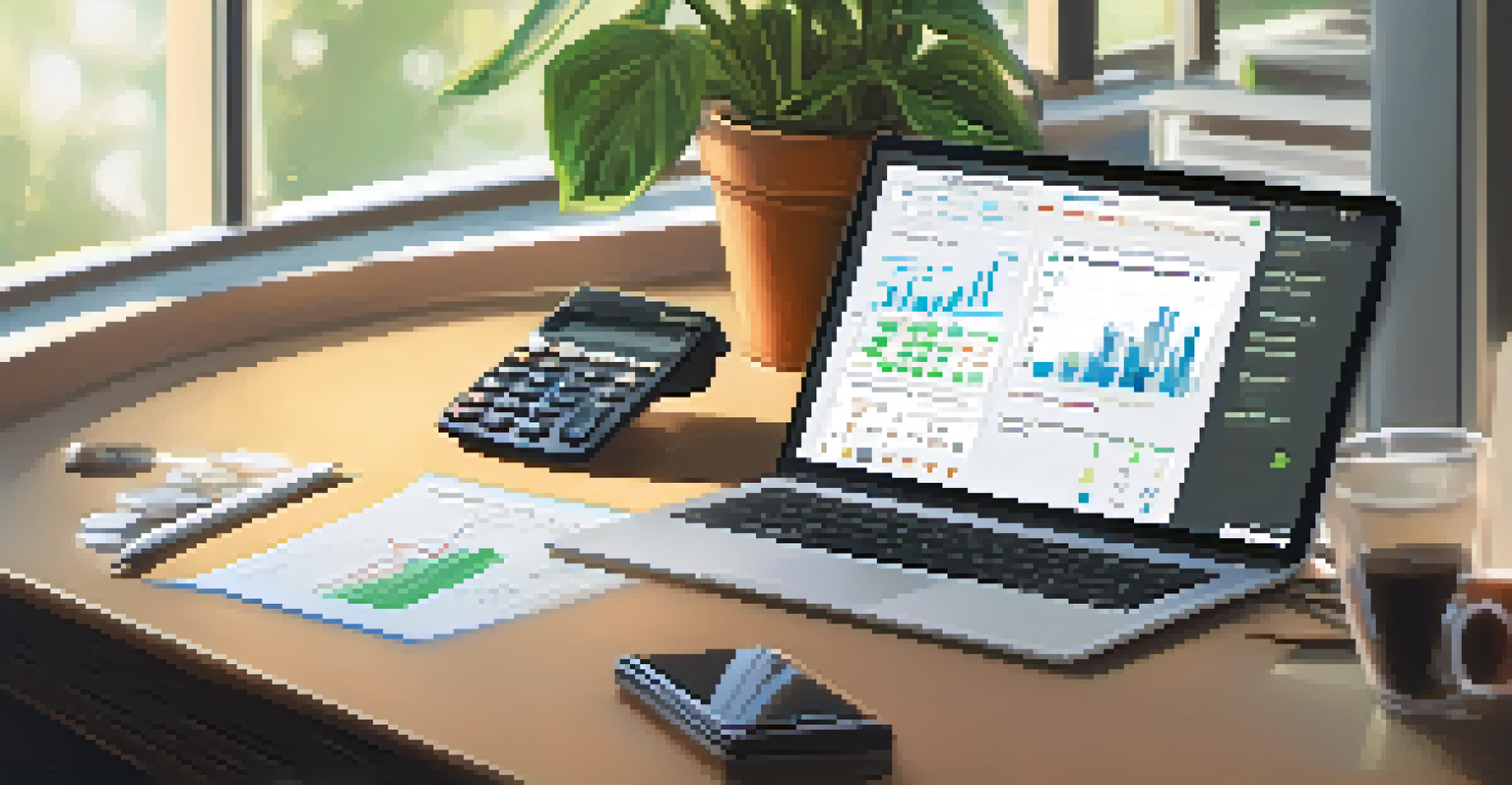 A business owner analyzing a cash flow forecast on a laptop, with a notepad and calculator on the desk, creating a warm workspace atmosphere.