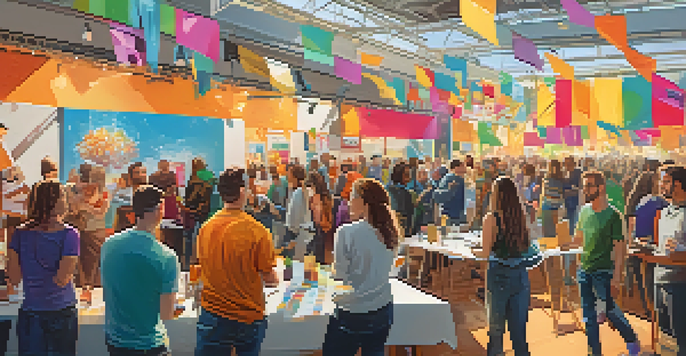 A lively crowdfunding event with diverse individuals discussing projects and showcasing innovative ideas.