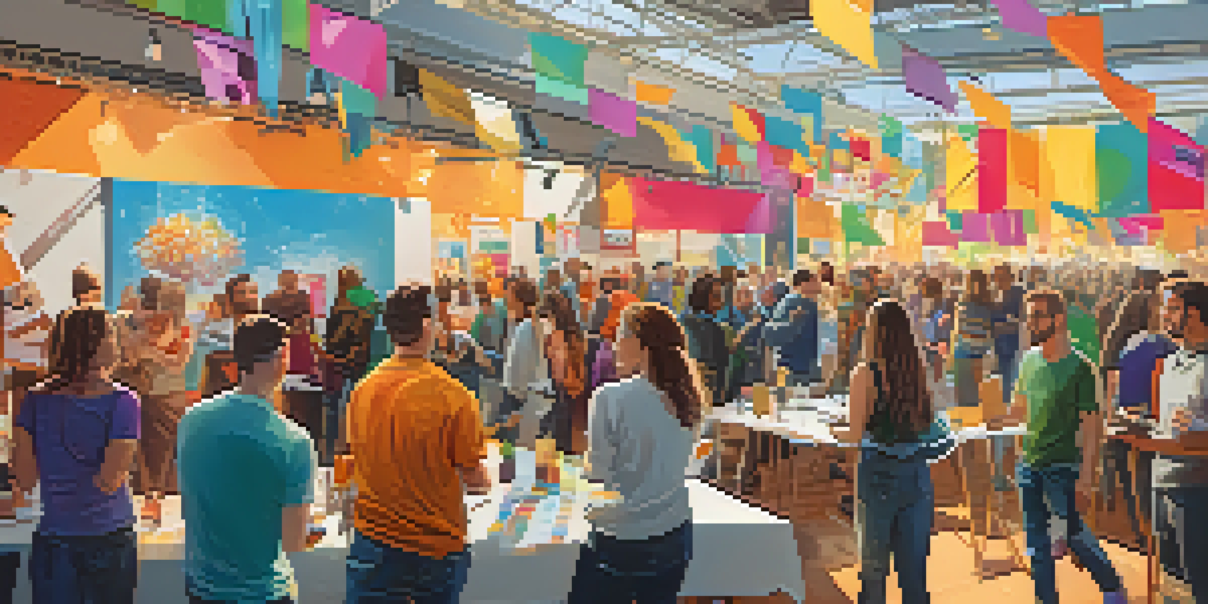 A lively crowdfunding event with diverse individuals discussing projects and showcasing innovative ideas.