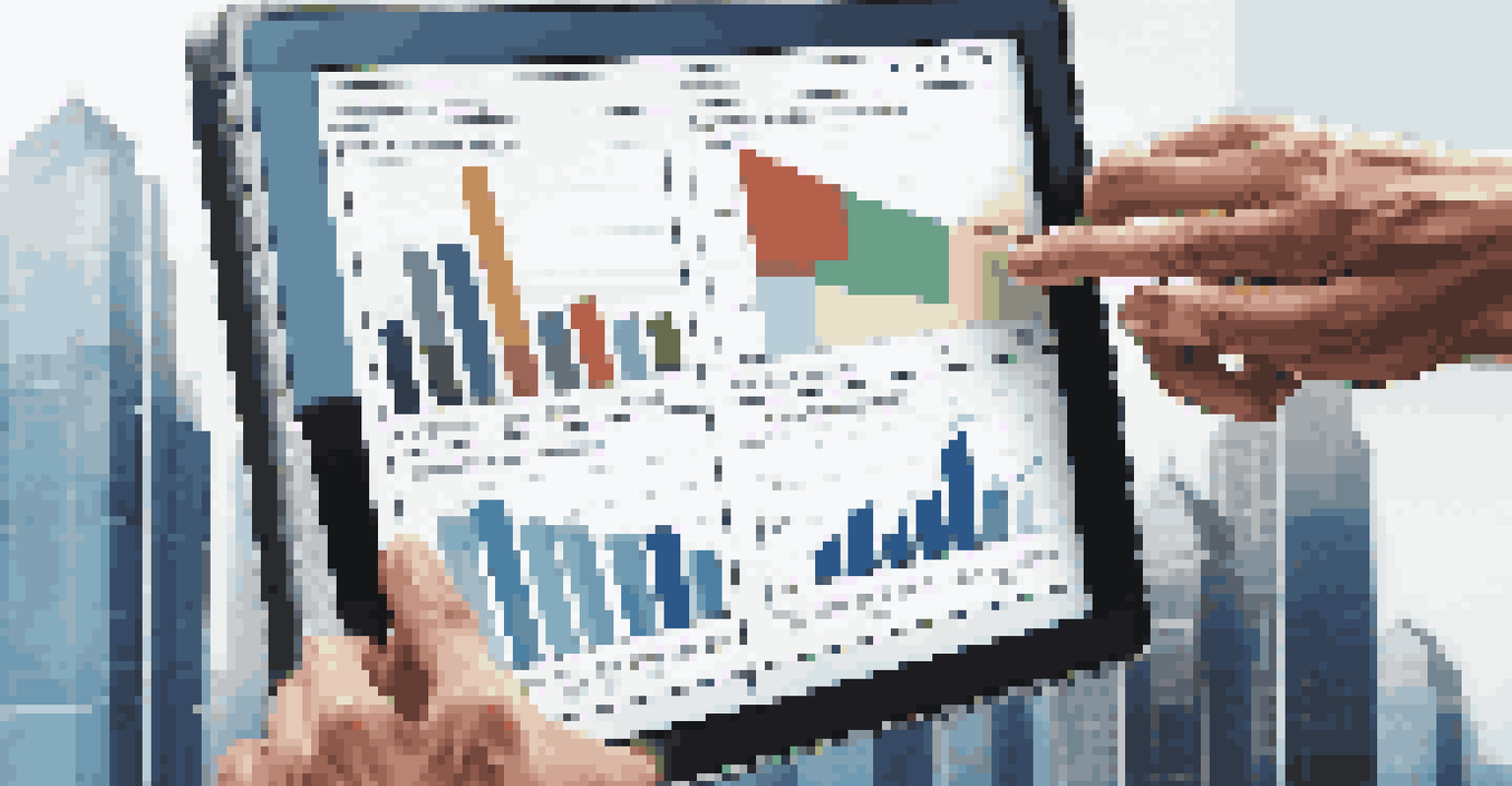 A financial advisor pointing at a growth chart on a tablet in a modern office with a city skyline in the background.