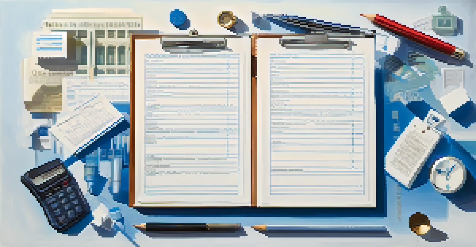 An abstract image showing a checklist with finance, law, and operations symbols, set against a blue gradient background.