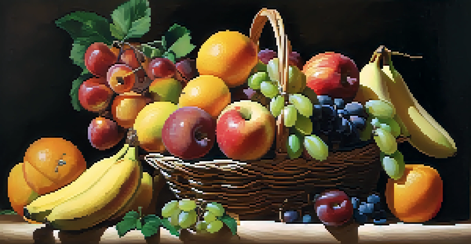 A colorful fruit basket with fresh apples, oranges, grapes, and bananas, illuminated by soft natural light.