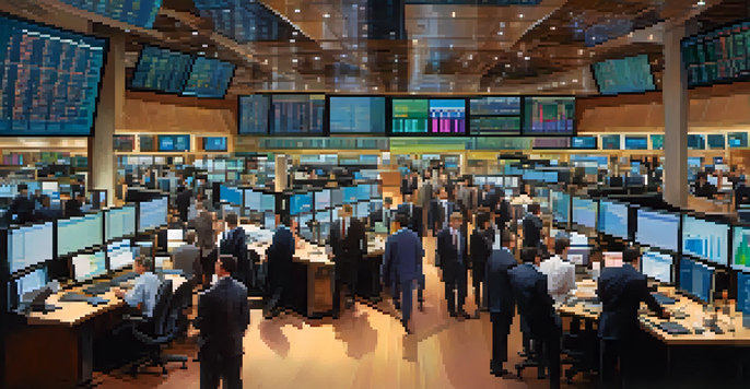 A busy trading floor with diverse investors discussing and analyzing market data on screens.