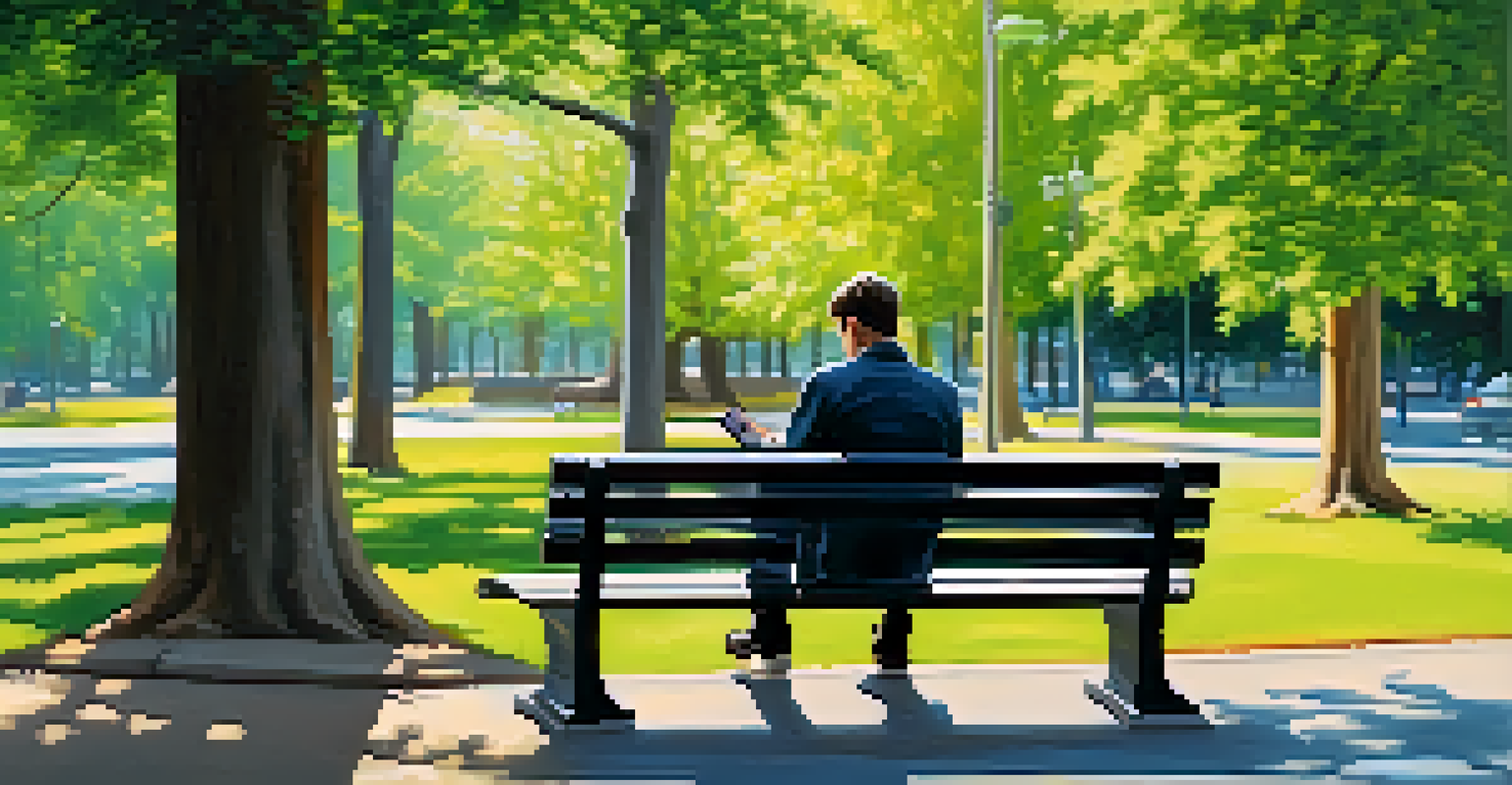 A person sitting on a park bench in a park, reading financial news on their smartphone with trees and a clear sky in the background.