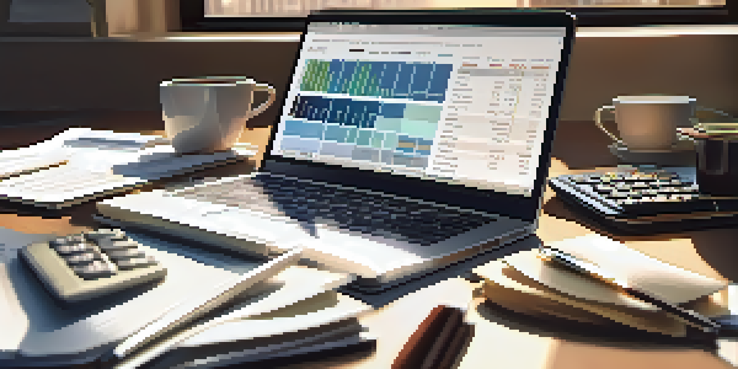 A well-organized desk featuring a laptop, financial documents, a calculator, and a coffee cup, illuminated by natural light.