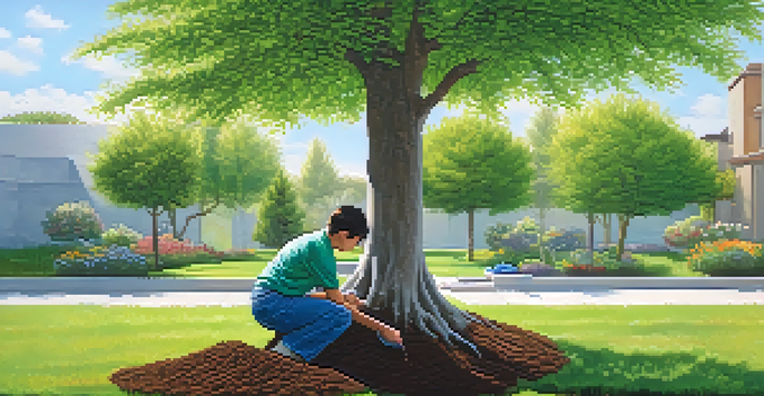 A person planting a young tree in a sunny garden, surrounded by colorful flowers and a clear blue sky.