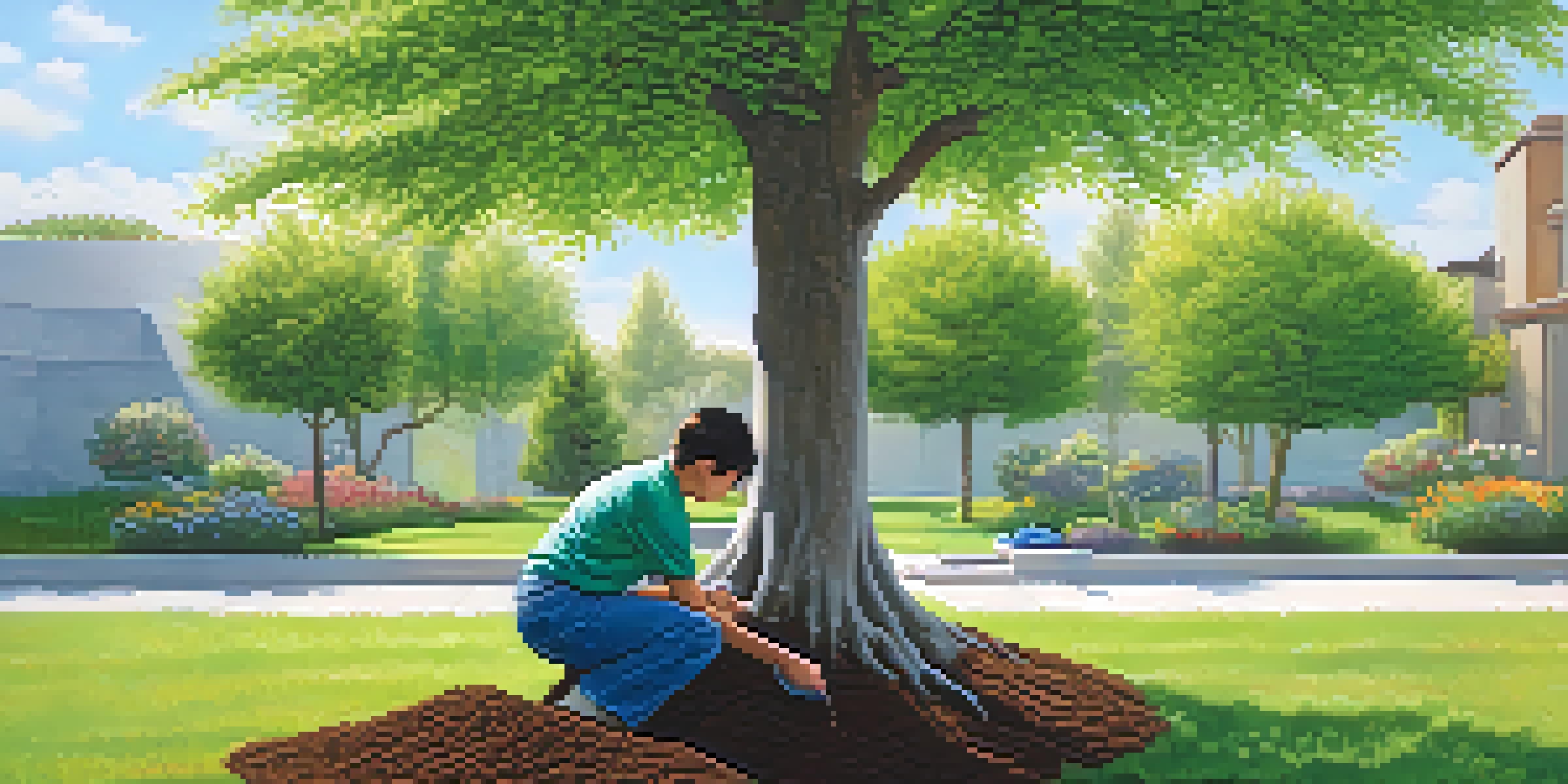 A person planting a young tree in a sunny garden, surrounded by colorful flowers and a clear blue sky.