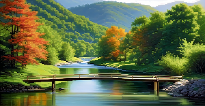 A peaceful river scene with a wooden bridge and vibrant green trees.