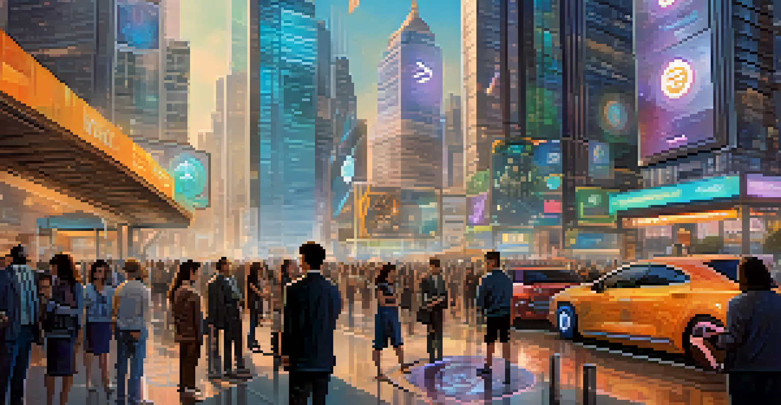 A vibrant cityscape showcasing digital currency transactions with holograms and modern architecture.