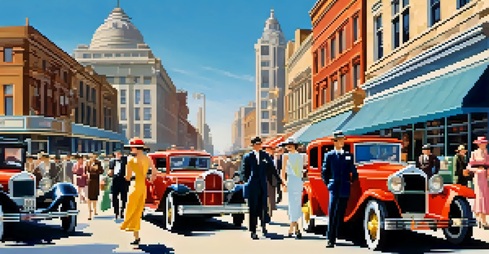 A bustling street scene from the 1920s with elegantly dressed people, classic cars, and art deco buildings.