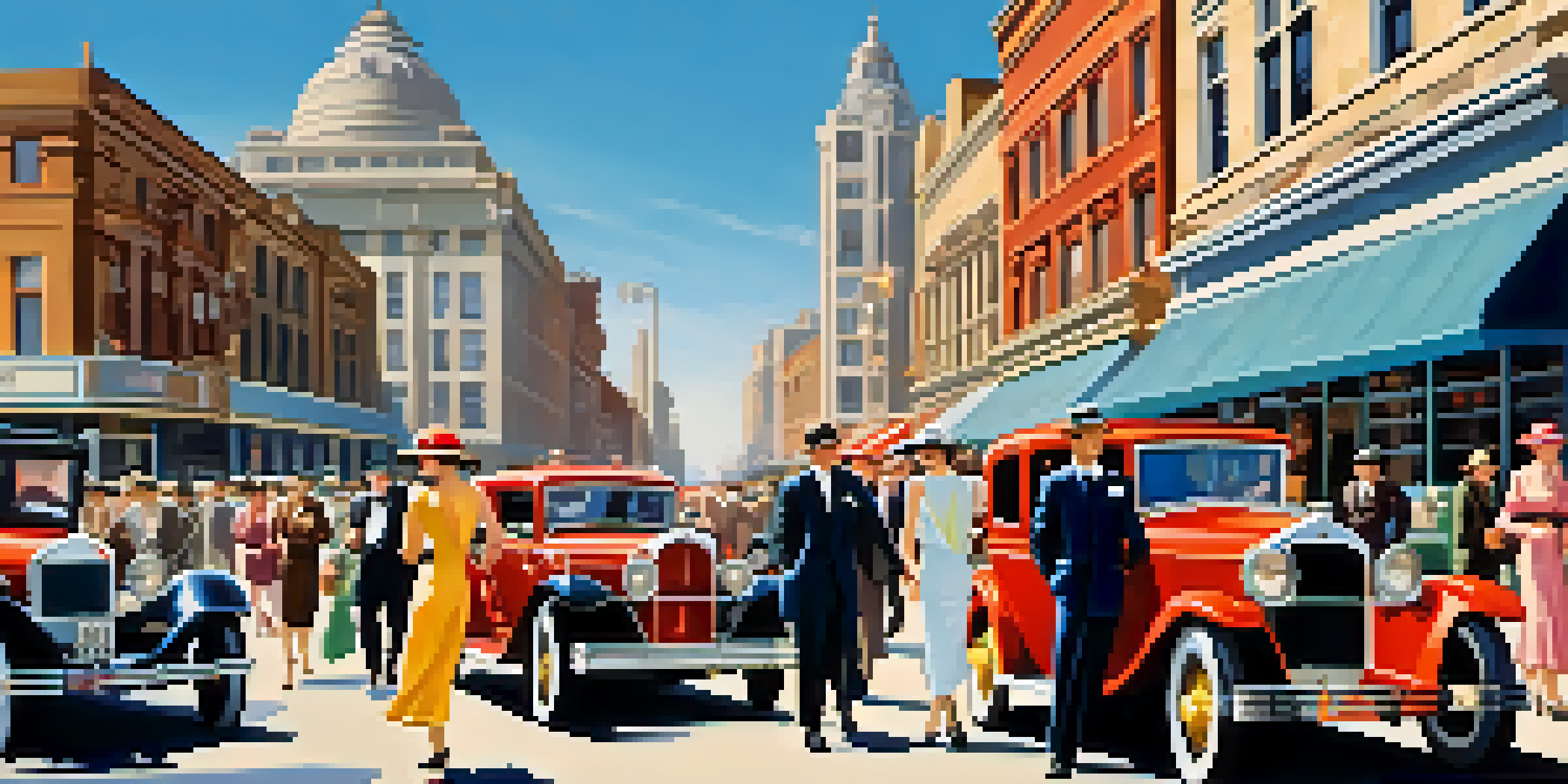 A bustling street scene from the 1920s with elegantly dressed people, classic cars, and art deco buildings.
