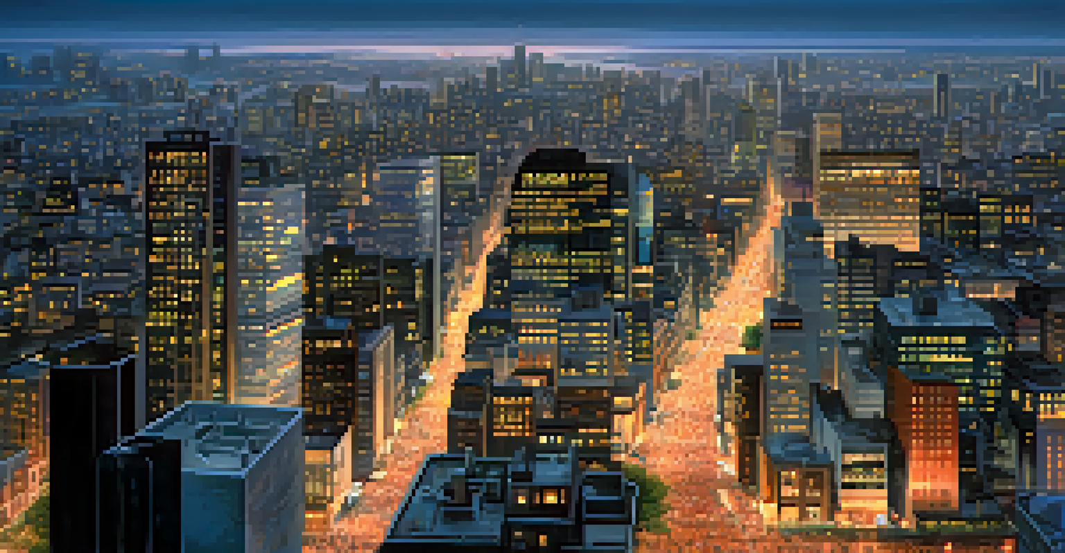 Aerial view of a city skyline at dusk with lit buildings and busy streets.