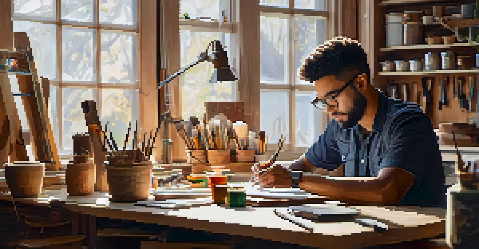 An entrepreneur using a laptop in a workshop filled with handmade crafts, representing the intersection of creativity and technology.