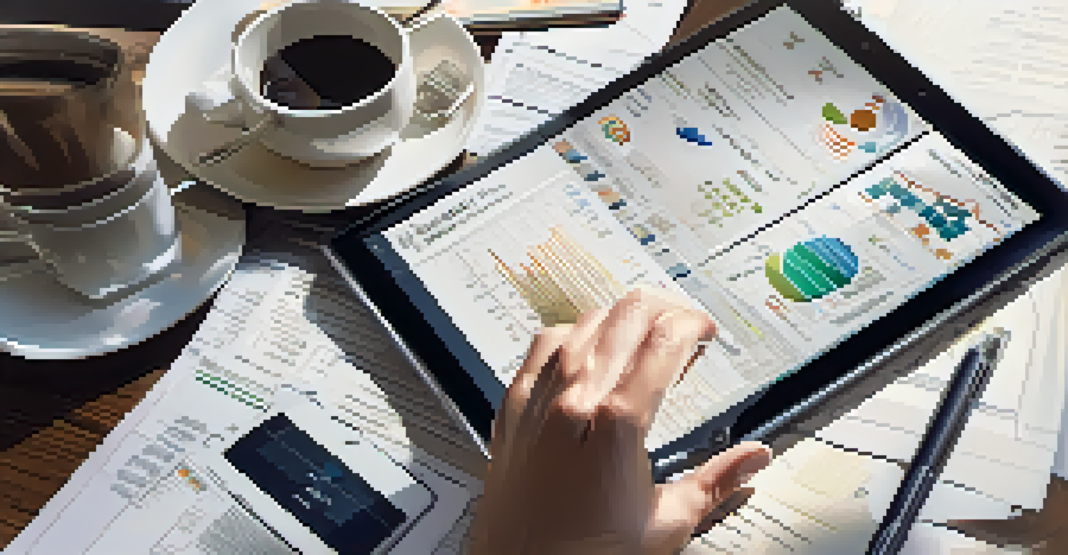 An overhead view of a person analyzing market trends on a tablet with financial documents and a cup of coffee on a dark wood table.