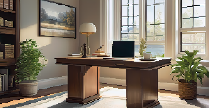 A cozy home office with a wooden desk, laptop, financial graphs, and a cup of coffee, bathed in natural light.
