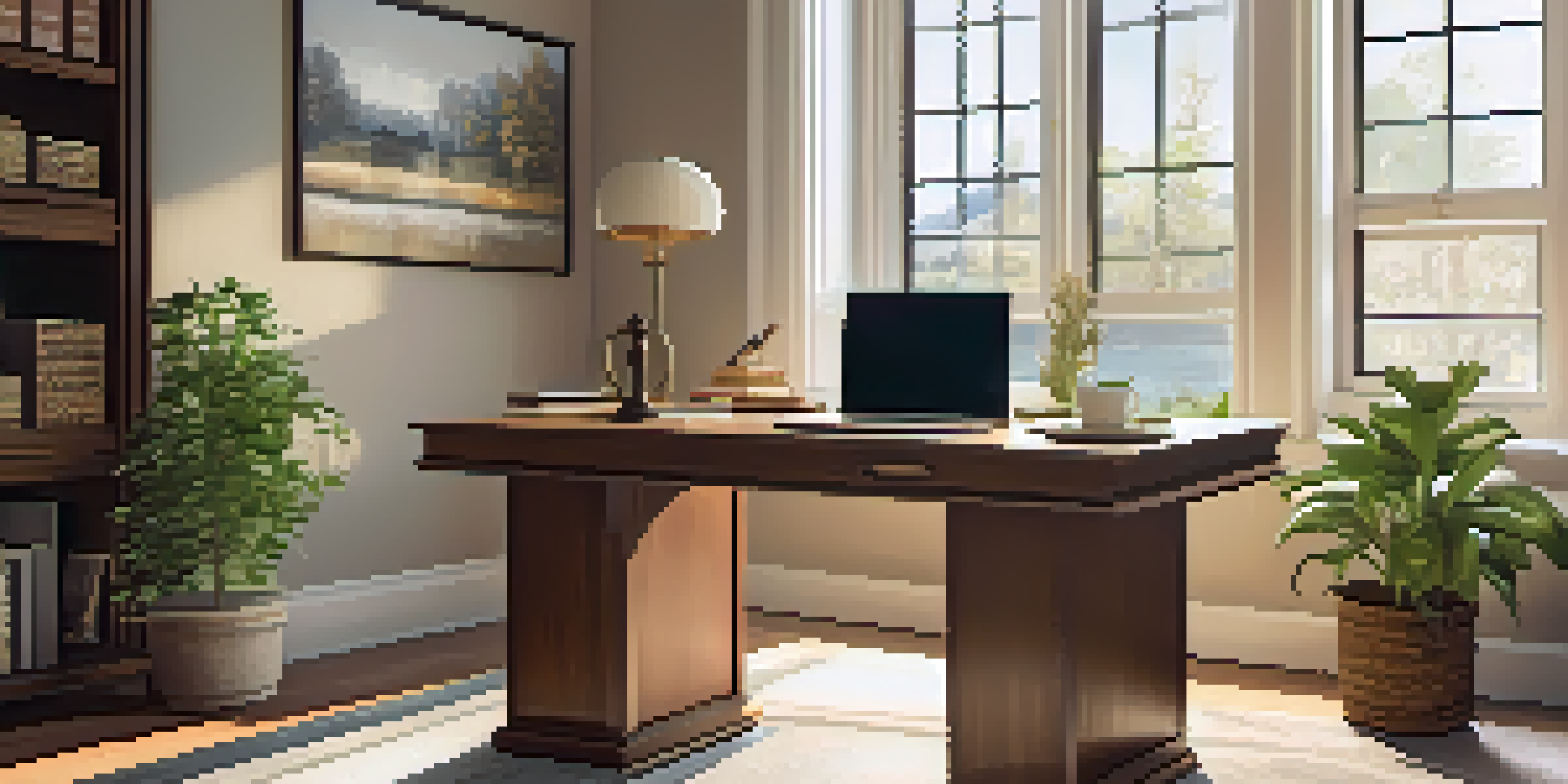 A cozy home office with a wooden desk, laptop, financial graphs, and a cup of coffee, bathed in natural light.